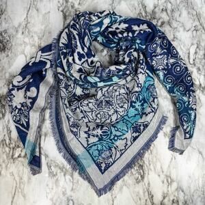 J. Jill Blue 46” X 46” Square Fringed Scarf Wrap Large Floral Geometric